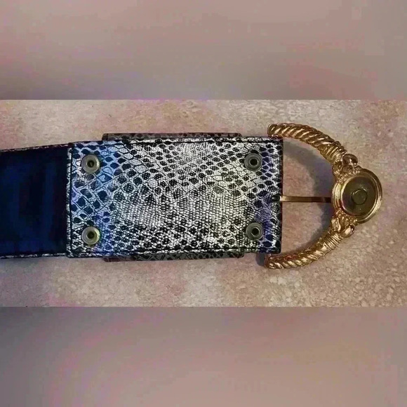 Black and white faux snakeskin belt with gold buckle and large button detail;37” - Picture 2 of 3